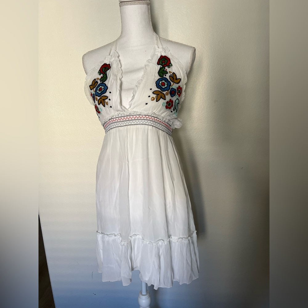 White Halter Dress with Floral Embroidery